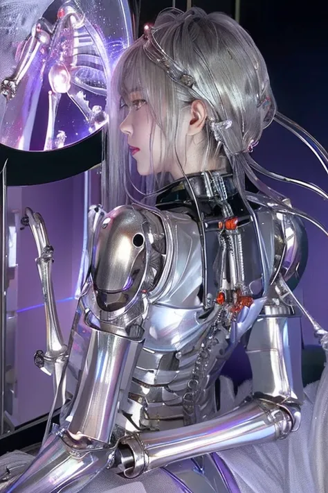 top-quality、​masterpiece、超A high resolution、(Photorealsitic:1.4)、Raw photo、女の子1人、Black hair、((Under the neck、There is an all-mechanical skeleton without skin:1.4))、(((Colorless transparent latex in the shape of an attractive woman covering the body of the ...