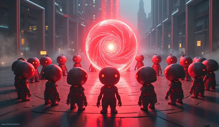 A group of short humanoid creatures worshipping to red colour energy ball , cyberpunk si-fi , anime style illustration , 