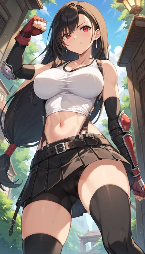 score_9, score_8_up, score_7_up, solo, looking down, from below, groin focus, dynamic pose, one knee raise, fighting viewer, high kicking, serous, 1girl, tifa lockhart, final fantasy, (beautiful woman), black hair, low-tied long hair, red eyes, bangs, whit...