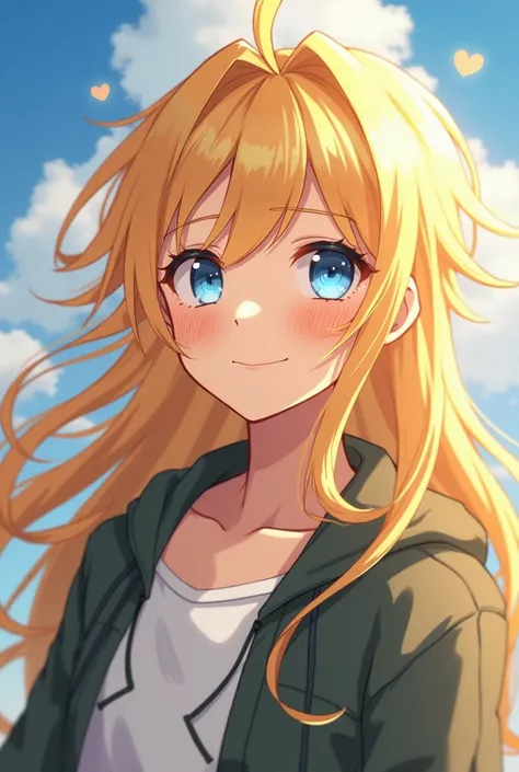 Blue-eyed anime boy medium build long blond hair but not too long and smiling like the sun with a big penis