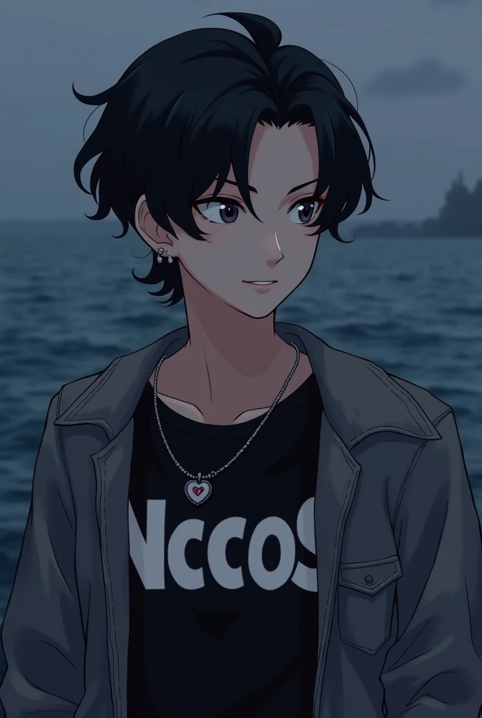 " A handsome young man in the visual style of anime /digital art,  wavy black hair , smooth skin,  and soft colored lips .  He wore small hoop earrings ,  black t-shirt with white NCOS reading , and gray denim jacket .  He also wore a silver necklace with ...