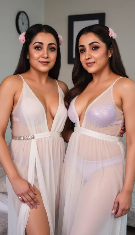 NSFW, 2 women(Trisha and Ramya, (distinguish the faces) are standing in a room(well light), together, Both are wearing white see-through summer full dress(99% transparent), underneath a soft pink-purple color bra, underwear visible, nude color. Both lookin...