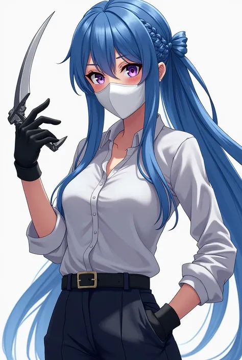 18-year-old girl with long blue hair tied in braid ,  violet eyes costume, wear white blouse , , black dress pants and a plain white mask that covers her entire face along with a three-edged claw in her right hand, similar to Vega from Street Fighter.,  an...