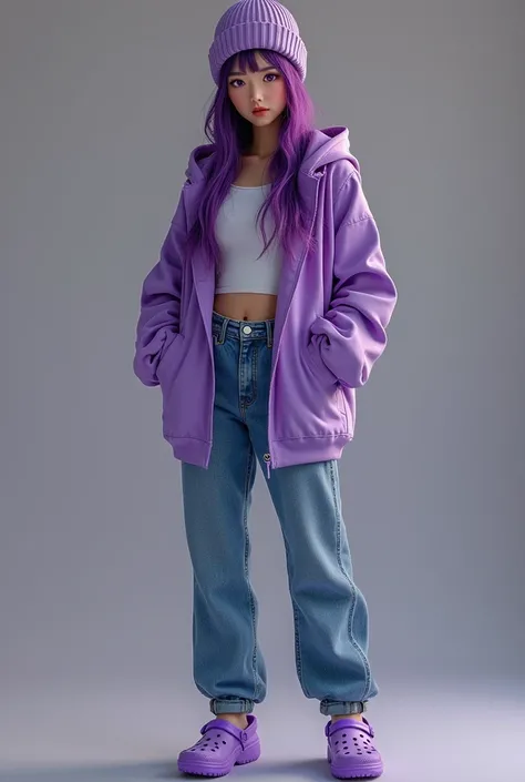 Twenty four year old Korean woman with long purple hair and striking purple eyes, hoodie jeans and a beanie, full body, wearing crocs, purple finger nails, chill, beautiful