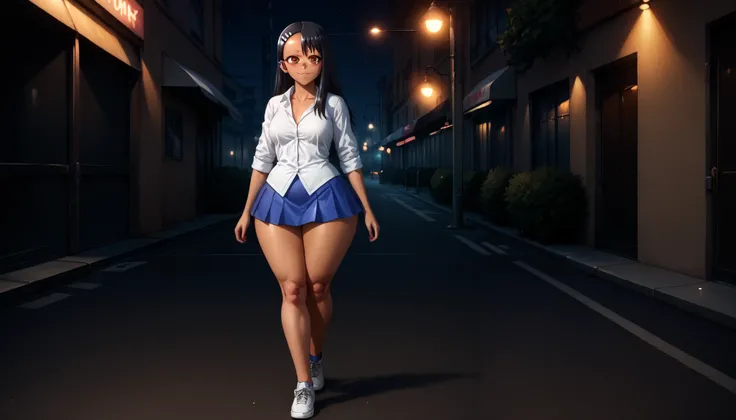 best quality, high rating, (((Nagatoro))), 1girl, giantess the size of a skyscraper, big breasts, wide fat thighs, massive ass, chubby cheeks, round chin, fat arms, deep belly button, (ultra tight white button-up shirt), sleeves rolled up, shirt collar unb...