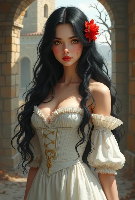  Beautiful girl from the Victorian era with an athletic body ,  wearing a beautiful white dress which helps highlight her figure ,  has long black hair and wears a red flower in her hair, Adult girl, bright yellow eyes , approaching the spectator in a hope...