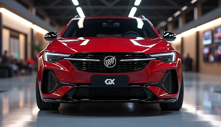 create an ultra-detailed 3D render, of a Modren 2025 Buick Encore GX With  a bold design looking long  captured from centered straight Back view  Teehe car should feature a Gleamy (Bold red )glossy shining  color with a (Buick)   logo on its front, a large...