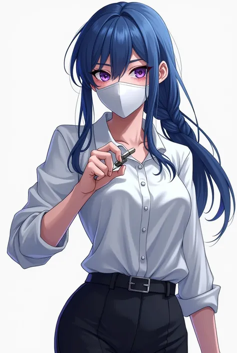 18-year-old girl with long blue hair tied in braid ,  violet eyes costume, wear white blouse , , black dress pants and a plain white mask that covers her entire face along with a three-edged claw in her right hand, similar to Vega from Street Fighter.,  an...