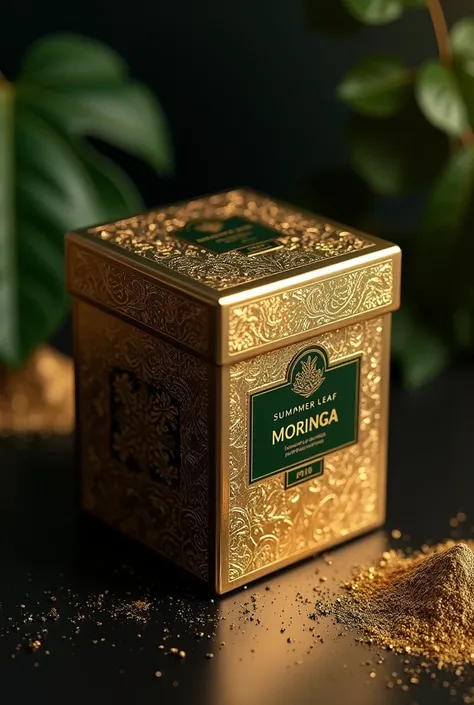 Design  box
for moringa powder.summer leaf products  . Crystal, Gold, black, dark brown. Filigreed gold. Exotic, sophisticated. UHD, HDR, 8K, photorealistic. 