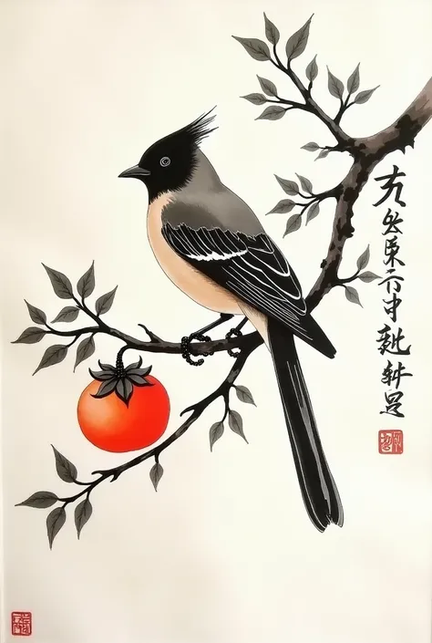  best quality, high resolution,masterpiece:1.2), seconds - detailed , Ink and watercolor painting , maximalist ,A bird in a branch, a red persimmon, free brushwork , Works of art,subtle textures,Elegant and , Dynamic ink flow , Powerful ink ,Black and whit...