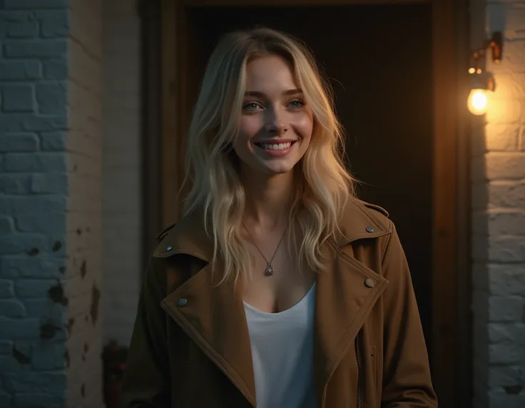 rib-length brown jacket, ((( Realistic photo))),  looking away, A girl about  of short Ukrainian height ,  from the waist up without freckles with long blond hair, large bright blue eyes, He wears a simple white shirt .  Her hairstyle is clean and elegant ...