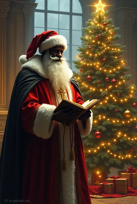 Christmas tree, a black santa holding a bible 
