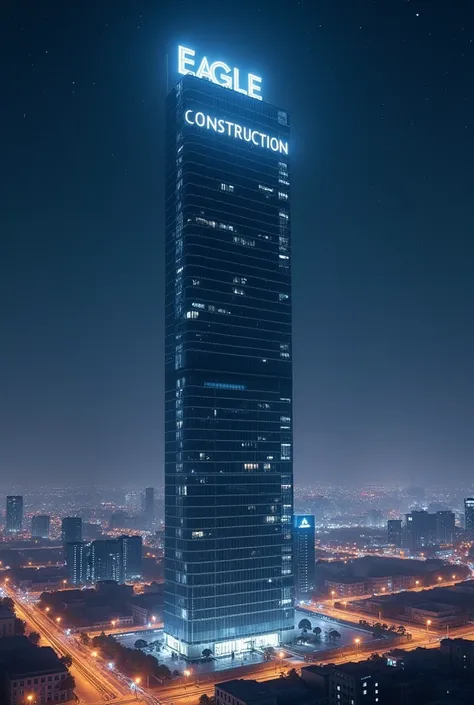  A minimalist glass skyscraper in a futuristic city , with the name Eagle Construction in shiny white sans serif letters on the top,  reflecting the starry night sky of a large modern city . "