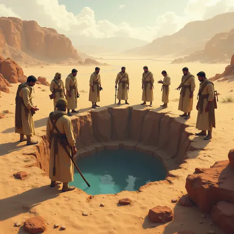 A group of people are standing worried by a well in the desert. The water in the well is 50 feet below