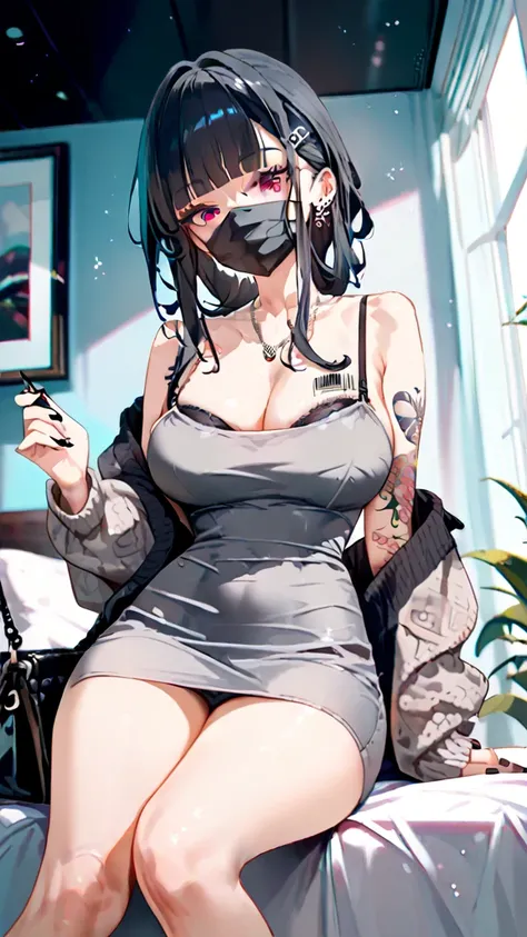 score_9, score_8_ up, score_7_ up,  Source_Anime,  One girl , Alone, indoor,  bed,  sitting,  cowboy shot,   viewers,  pubic skin, d_Kwe ,  red eyes,  black hair,  long hair, side lock, blunt bangs,  hair clip,  hair accessories, breast tattoo,  barcode ta...