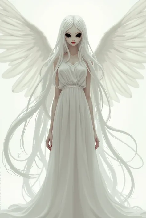 Silkworm humanization, wings, lips, total black eyes, fur skin, white loose dress, long while hair, anime style, flat chest 