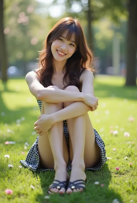 Flower-filled Plaza々Happy  sitting on the grass in a park，((((hugging own legs:2.0))))，(Sitting on the floor holding your knees)，Realistic photos，(Real photos taken with the SONY α7 IV)，Realistic girl，A very cute Japanese girl，(((whole body:2.0)))，(((Glamo...