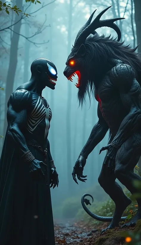 Venom and a monstrous chimera facing each other in a dark, eerie landscape.  eyes glowing white, and his muscular build rippling with chaotic energy. . Opposite him, the chimera stands tall with a twisted, hybrid body—a lion’s head with fiery eyes, a goat’...