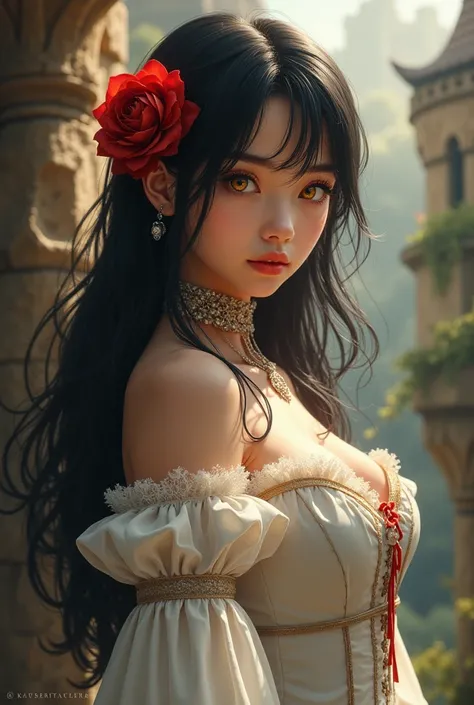  Beautiful girl from the Victorian era with an athletic body ,  wearing a beautiful white dress which helps highlight her figure ,  has long black hair and wears a red flower in her hair, Adult girl, bright yellow eyes , approaching the spectator in a hope...