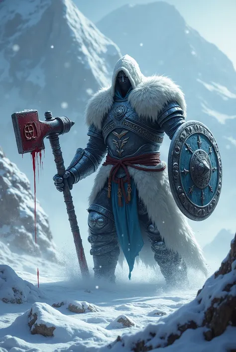 ICE ASSASIN ON TIGER WITH BLOODY BATTLE HAMMER IN HAND. SHIELD WITH VIK ENGRAVED ON IT IN OTHER HAND. CAUGHT IN A BLIZZARD.  