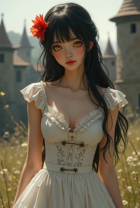  Beautiful girl from the Victorian era with an athletic body ,  wearing a beautiful white dress which helps highlight her figure ,  has long black hair and wears a red flower in her hair, Adult girl, bright yellow eyes , approaching the spectator in a hope...