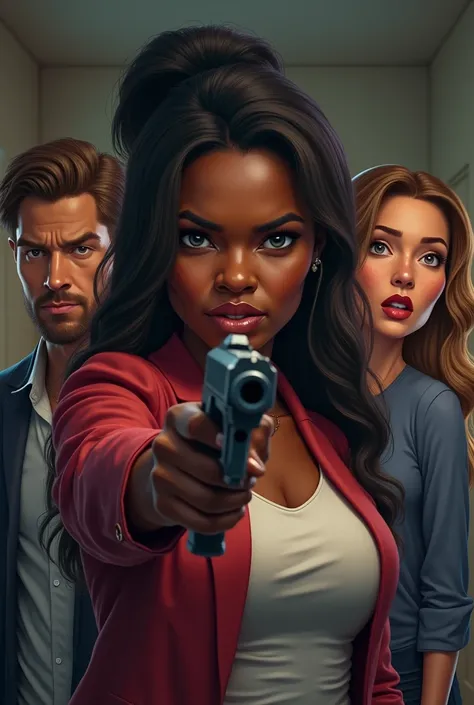 semi-realistic of a Black cartoon woman who pulls a gun on man and woman she caught cheating