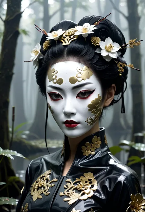 (geisha  Cyber Creature  32k--9:16-ar )  carbon fiber mask ,  the highest quality of high-resolution professional photography ,  beautiful face ,  Perfect Anatomy ,   expressive gaze  ,  dark science fiction decaying flowers in a swamp, mist, 纹身-geisha,  b...