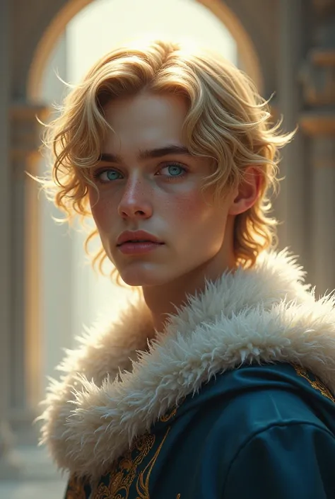 Baldur as a teenage male , no beard,  bright blue eyes , Medium blond hair, face and features perfect soft lips sculpted,  well defined jaw and cheekbones divine beauty, Divine Aura . Is he in Asgard 
