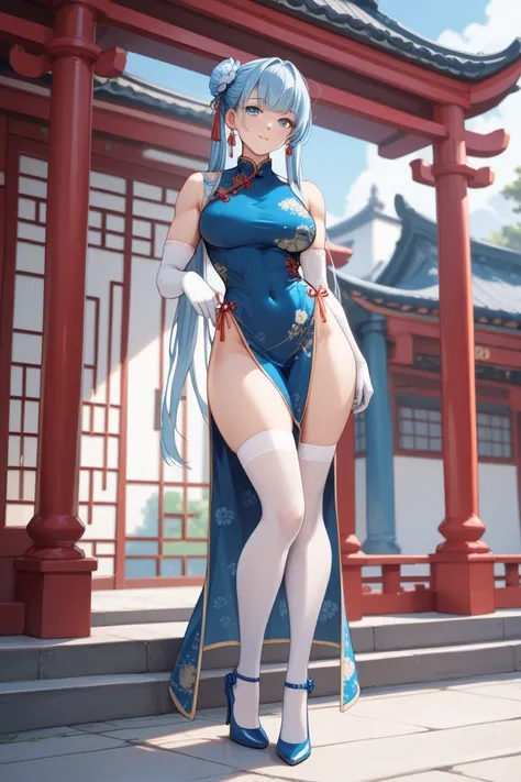 Gender:Female
Hair cut:Long
Hair color:Light blue
Eye color:Sky Blue
Physique:Short + slim waist + slightly curvy breasts, hips, thighs and buttocks
Height:160cm (5ft 2.99in)
Clothes: She wears a blue qipao dress in a floral pattern, white long gloves to t...