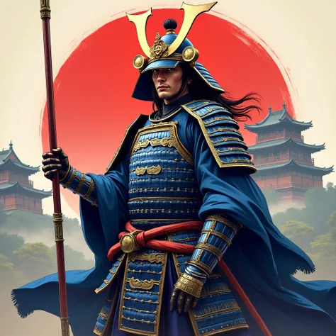  top quality,  Masterpiece,  highest resolution, (Traditional Japanese Samurai Armor), (Lancer_Fate), ( Japanese Castle_background),armor,Kufulin，Blue Ninja_male,4K, (Alone), holds a spear,(whole body), anime style ,( Nobunagas Ambition with a tin cane ill...