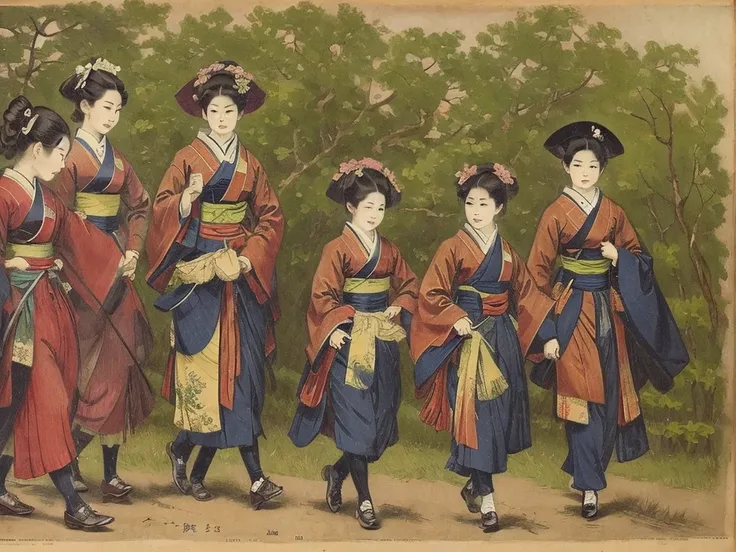 Group of Victorian era Japanese students walking, Victorian art style