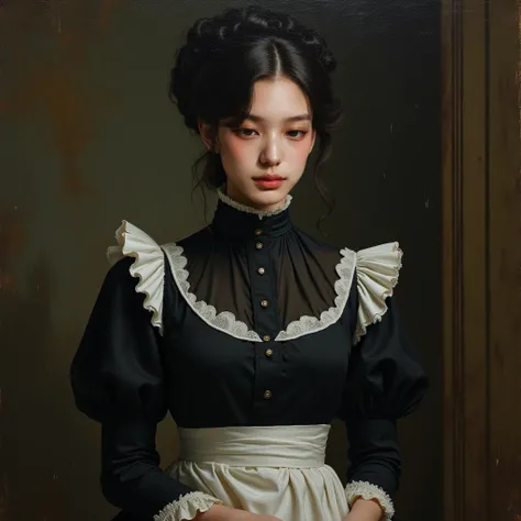 A strikingly beautiful Victorian woman with large, Small Head, expressive dark eyes that seem to hold both secrets and a fiery determination. Her dark, glossy hair falls in soft waves, partially pinned back in a simple yet elegant style. Her complexion is ...