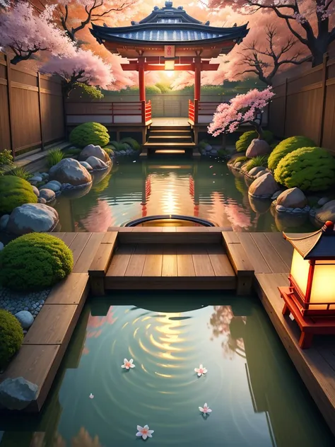 (digital painting),(best quality), serene Japanese garden, cherry blossoms in full bloom, koi pond, footbridge, pagoda, Ukiyo-e art style, Hokusai inspiration, Deviant Art popular, 8k ultra-realistic, pastel color scheme, soft lighting, golden hour, tranqu...