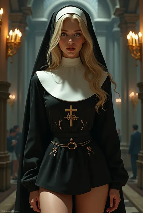 Draw a blonde teen in a sexy nun outfit 