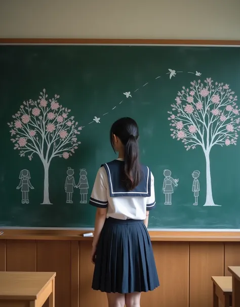  super real ,  photorealistic ,  dramatic scene, shadow, Global Illumination, Alone, ( Perfect Anatomy), ( ONE BEAUTIFUL JAPANESE HIGH SCHOOL STUDENT ), Wears a high school sailor suit , In the classroom,  A girl is drawing (Drawing Style, Faded, Monotony,...