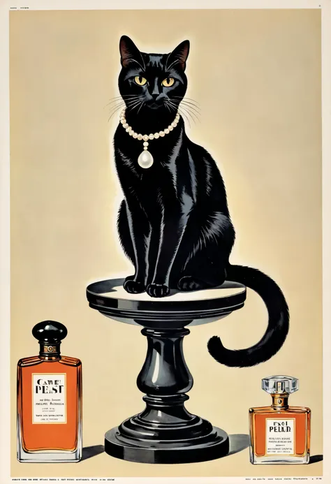 score_9, score_8_up, score_7_up, score_6_up, score_5_up, score_4_up, hires, vector art, arafed black cat sitting on a pedestal with a pearl necklace, elegant cat, 1920s advert, 1960s advertisement, luxury advertisement, magazine advertisement, 1960s perfum...