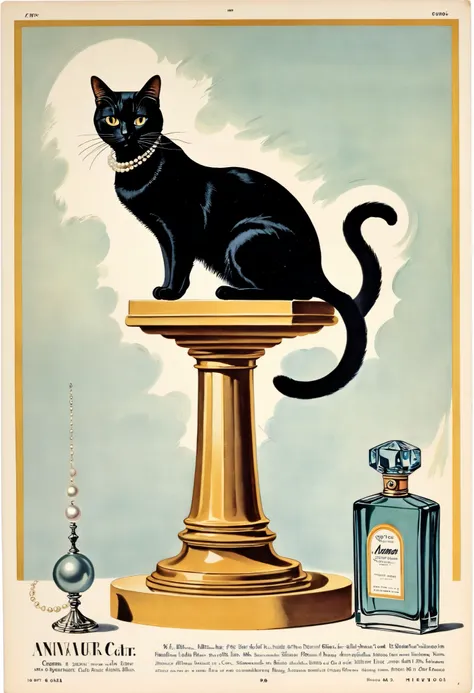 score_9, score_8_up, score_7_up, score_6_up, score_5_up, score_4_up, hires, vector art, arafed black cat sitting on a pedestal with a pearl necklace, elegant cat, 1920s advert, 1960s advertisement, luxury advertisement, magazine advertisement, 1960s perfum...