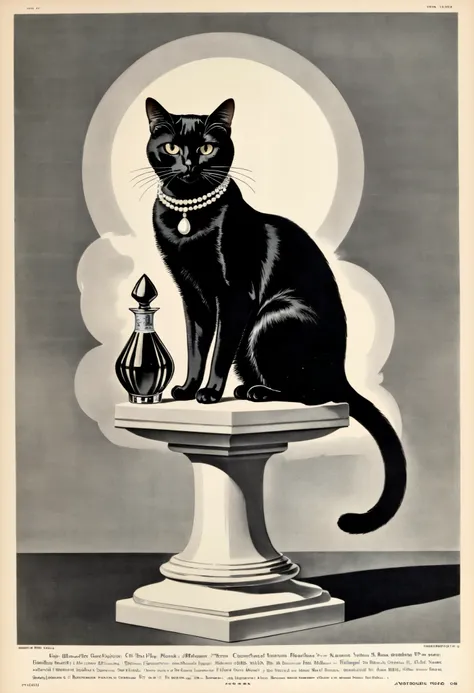 score_9, score_8_up, score_7_up, score_6_up, score_5_up, score_4_up, hires, vector art, arafed black cat sitting on a pedestal with a pearl necklace, elegant cat, 1920s advert, 1960s advertisement, luxury advertisement, magazine advertisement, 1960s perfum...