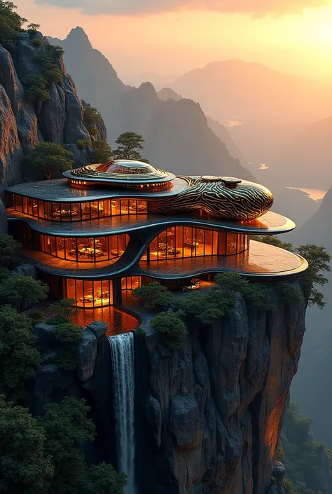 "A futuristic mansion with architecture inspired by the fierce elegance of a tiger, featuring intricate metallic patterns resembling a tiger’s bold stripes and dynamic form. Glowing orange and black lights illuminate the structure, complementing its sleek ...