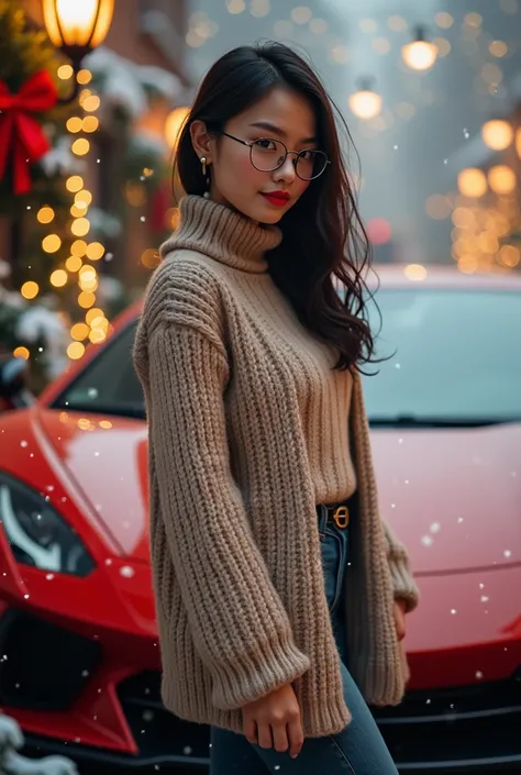 A beautiful asean women wear knitwear and glasses standing beside sport car Christmas theme 