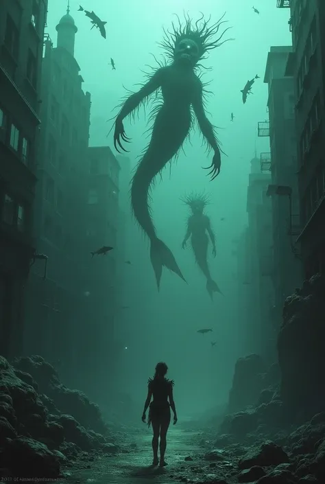  seabed with mermaid monsters , prowling a submerged city ,  with a diver frightened by what he sees