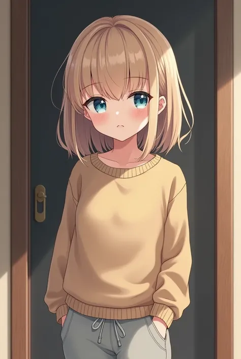 Petite girl. Slightly beige hair, icy blue eyes, pale alabaster skin, standing in doorway, wearing light brown sweater and grey sweatpants. Feisty expression (realistic anime art style) sophisticated look