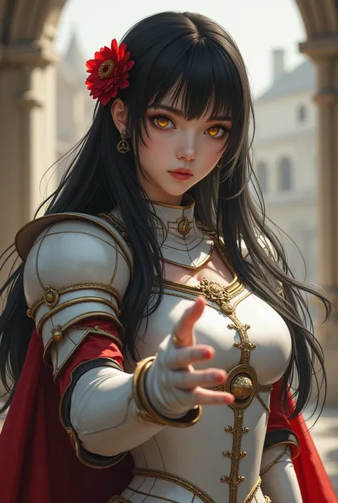  Beautiful girl from the Victorian era with an athletic body , Wearing white battle armor ,  has long black hair and wears a red flower in her hair, Adult girl, bright yellow eyes , approaching the spectator in a hopeless world , ((  with medieval scenery ...