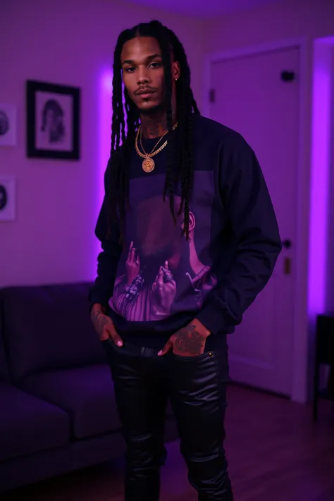 A medium high contrast close shot with deep purple hue shot with a Leica M10 of a very tall, very slender, and very fit 67" african american male with black cornrow braids and rapper inspired tattoos are covering his body. standing in a hypebeast living ro...