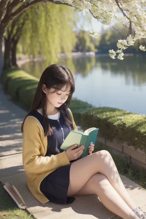 A girl reads a book on the lakeside,  bright color, spring, Willow Branch, comfortable, Warm Sunlight 