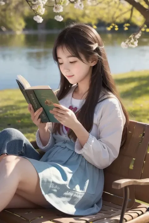 A girl reads a book on the lakeside,  bright color, spring, Willow Branch, comfortable, Warm Sunlight 