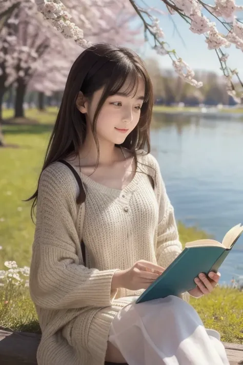 A girl reads a book on the lakeside,  bright color, spring, Willow Branch, comfortable, Warm Sunlight 