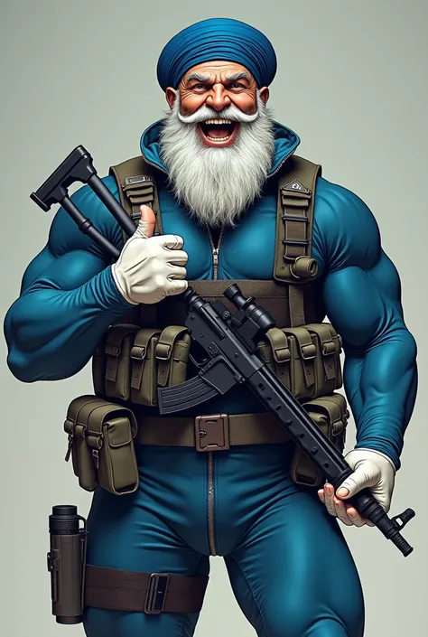 (A rugged beefy extremely muscular bulky laughing sikh old man), (wearing blue zipper wetsuit), thumbs up pose, carrying rifle,  wearing bulky scuba gear, muscular physique, toned muscles, fierce, heroic, action, comic artstyle, bulky best quality, wearing...