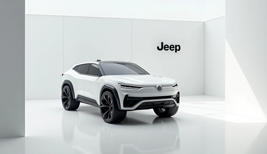 Create  High resolution imagine of this jeep 2025 side stand in luxury modern white wall room car name and Logo displayed on background wall behind the car