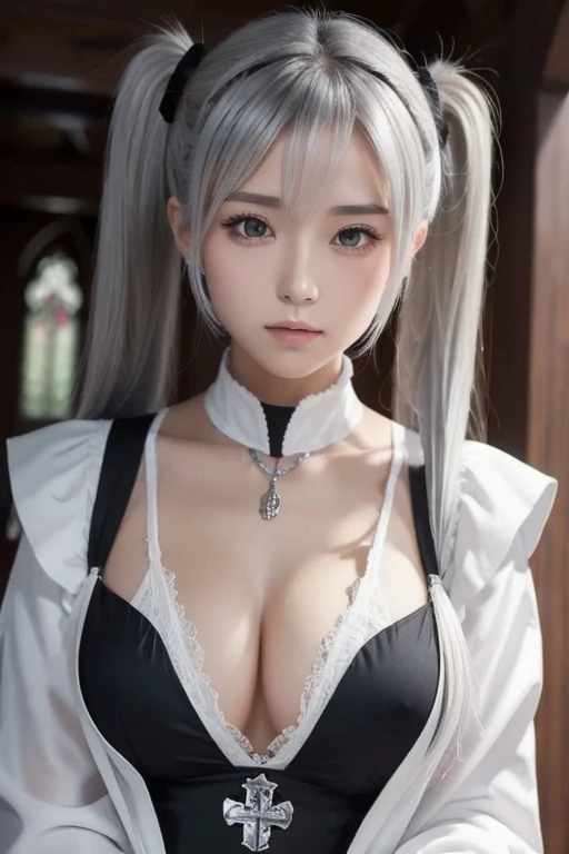 chest, Colossal,  twin tails,  Silver Hair,  Priest , side, saint, 